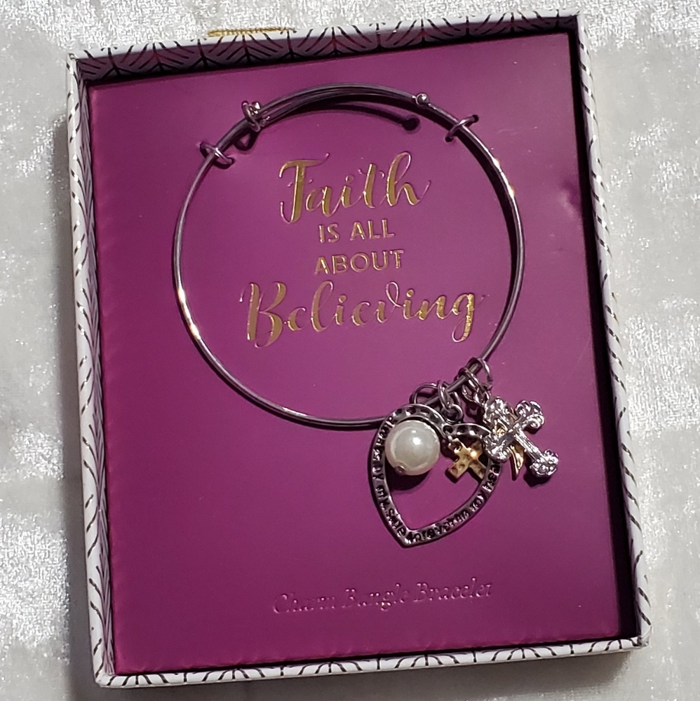 "Faith" Charm Silver Tone Bangle Bracelet